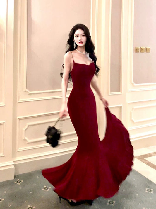 Simple Mermaid Spaghetti Strap Burgundy Cruise Ship Formal Night Evening Dresses 20th Long Birthday Outfit RB3879