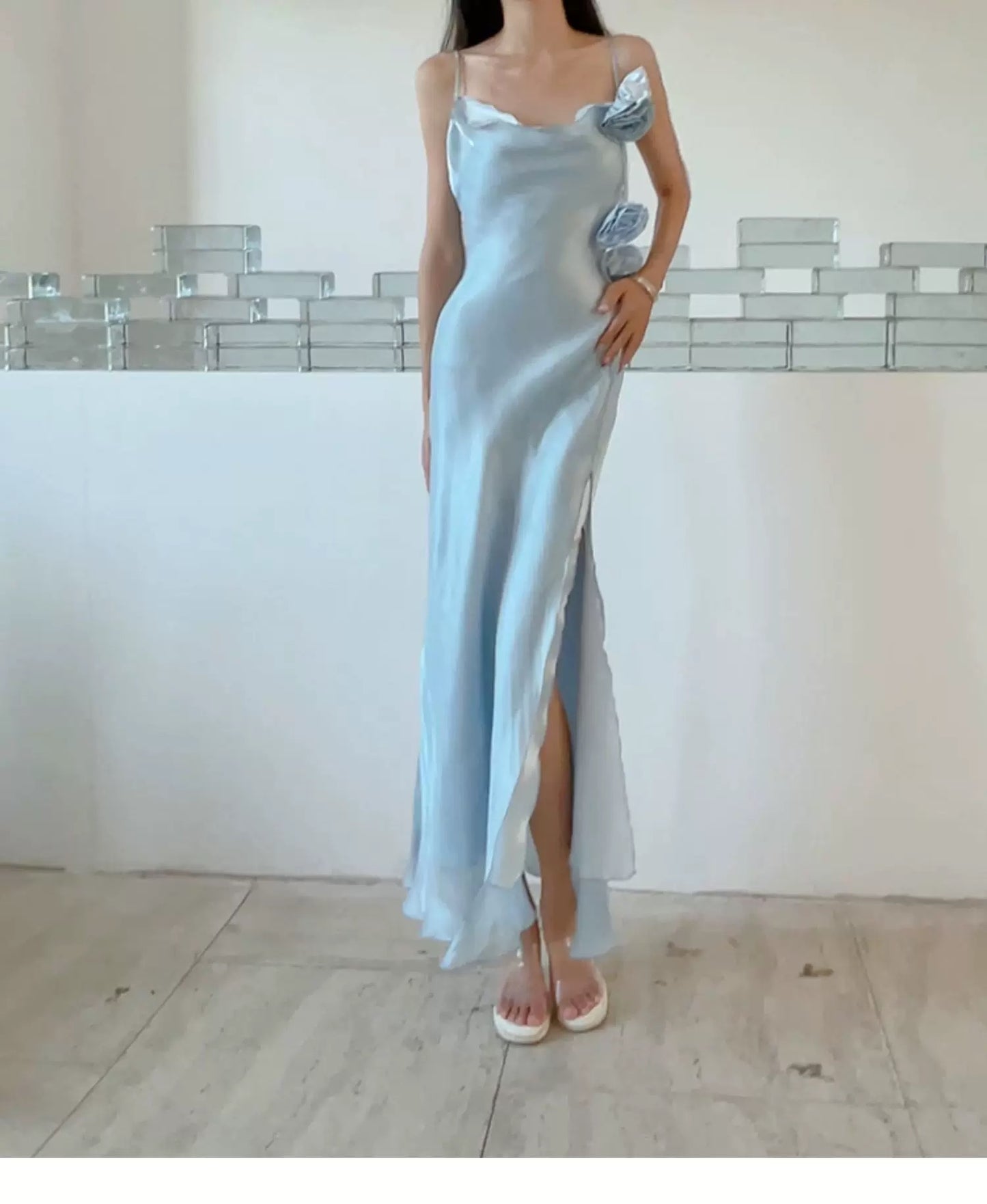 Elegant 2026 Sheath Spaghetti Straps Ice Blue With Split Semi Formal Summer Garden Beach Spring Event Outfits Wedding Guest Dresses RB4936