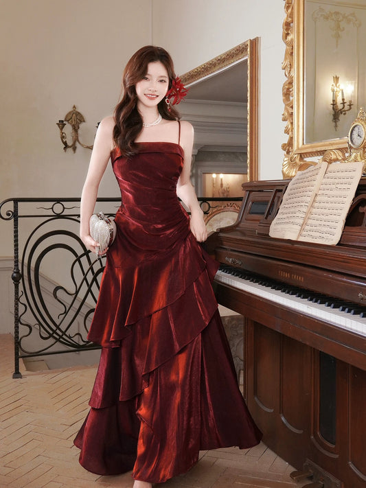 Artistic Mermaid Spaghetti Strap Burgundy Sleeveless Outdoor Semi Formal Summer Garden Beach Event Outfits Wedding Guest Dresses RB4953