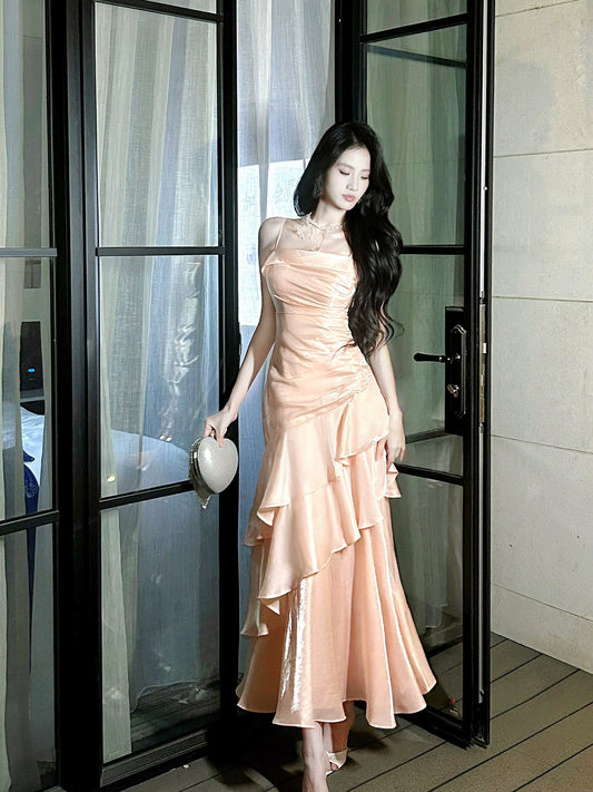 Free-Spirited Mermaid Spaghetti Straps Blush Pink With Layers Ruffled Semi Formal Summer Garden Beach Prom Event Outfits Wedding Guest Dresses RB4959