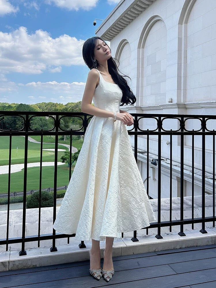Boho-chic A Line Square Neck White Lace Semi Formal Summer Garden Beach Spring Event Outfits Wedding Guest Dresses RB4960