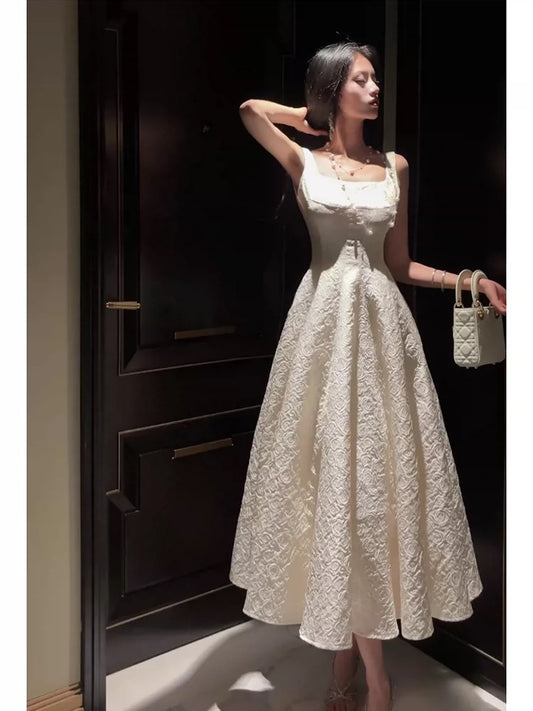 Boho-chic A Line Square Neck White Lace Semi Formal Summer Garden Beach Spring Event Outfits Wedding Guest Dresses RB4960