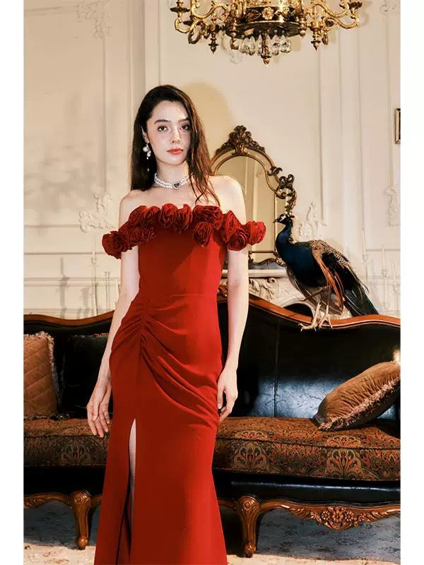 Artistic Mermaid Off The Shoulder Red Satin With Cap Sleeves Outdoor Semi Formal Summer Garden Beach Event Outfits Wedding Guest Dresses RB4969