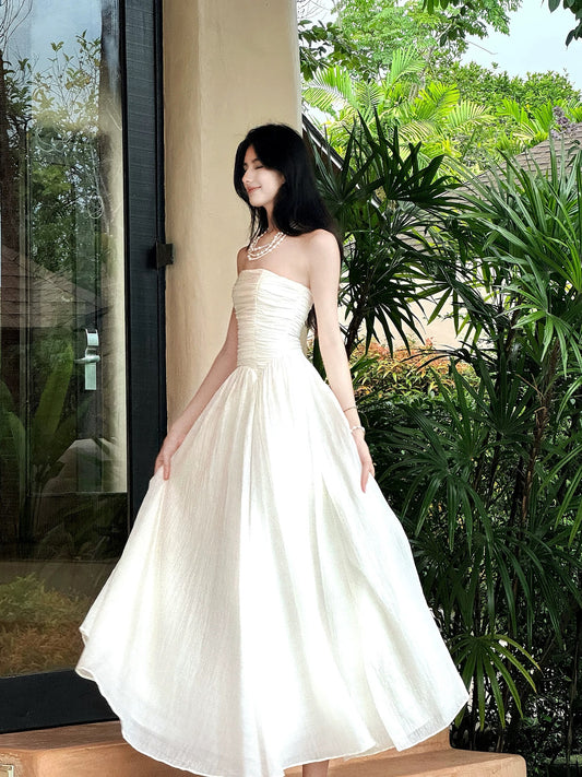 Artistic A line Strapless White Outdoor Semi Formal Summer Garden Beach Event Outfits Wedding Guest Dresses RB4677
