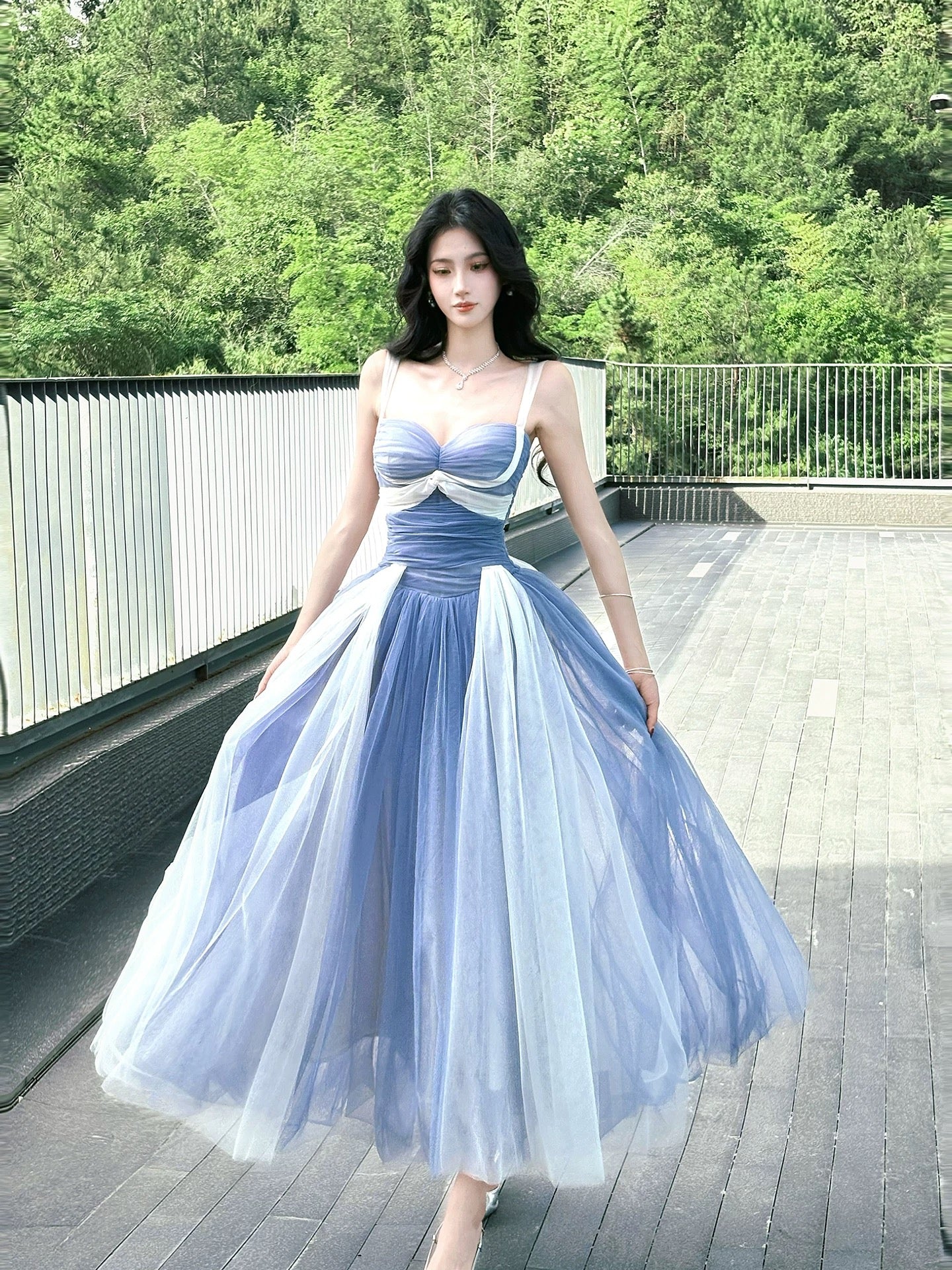 Elegant A Line Spaghetti Strap Tulle Multi Colors Blue With Ruffled Sleeveless Outdoor Semi Formal Summer Garden Beach Event Outfits Wedding Guest Dresses RB4982