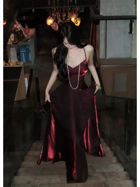 Elegant A Line Spaghetti Strap Burgundy Satin Full-hem Maxi Dress Semi Formal Garden Date Night Outfit Wedding Guest Dresses RB5018