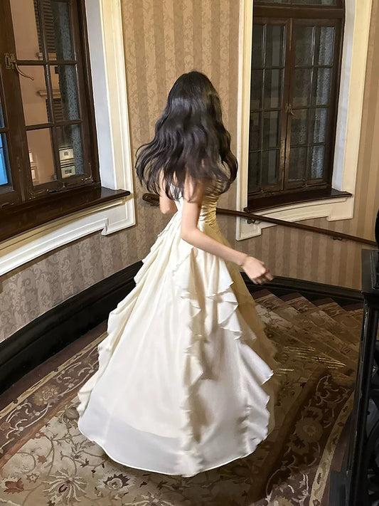 Elegant A Line Spaghetti Strap Chiffon Ruffled Full-hem Maxi Semi Formal Garden Date Night Outfit Wedding Guest Dresses RB5026