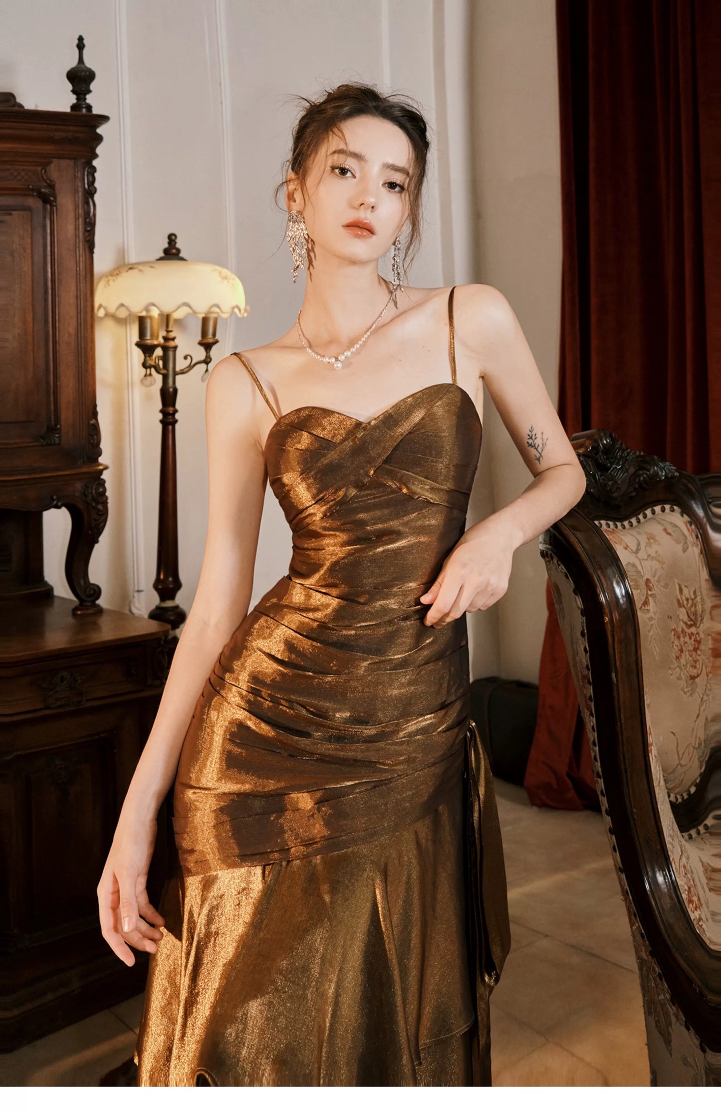 Sexy Mermaid Spaghetti Strap Brown Sleeveless Outdoor Semi Formal Summer Garden Beach Event Outfits Wedding Guest Dresses RB4994