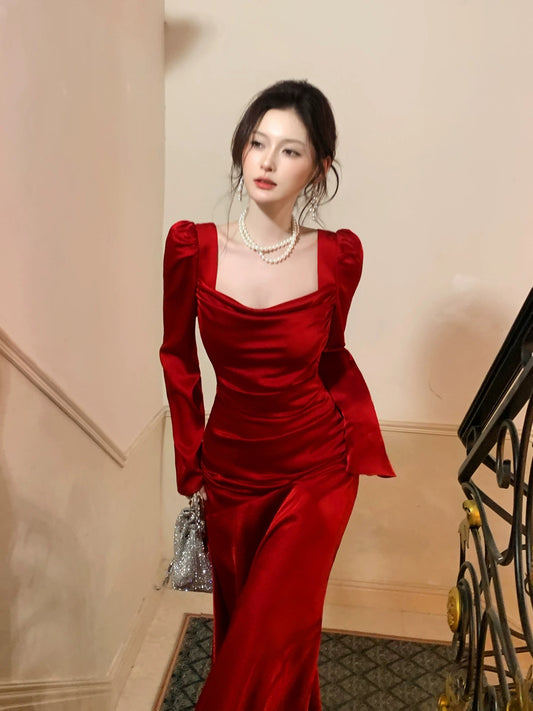 Artistic Mermaid Square Neck Red With Long Sleeves Outdoor Semi Formal Summer Midi Garden Beach Event Outfits Wedding Guest Dresses RB4997