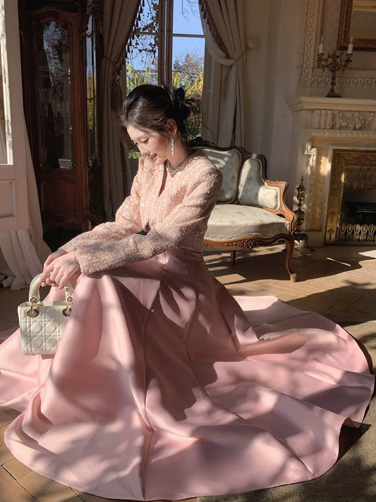 Artistic A Line Square Neck Pink Satin Midi Length Outdoor Semi Formal Summer Garden Beach Event Outfits Wedding Guest Dresses RB5000