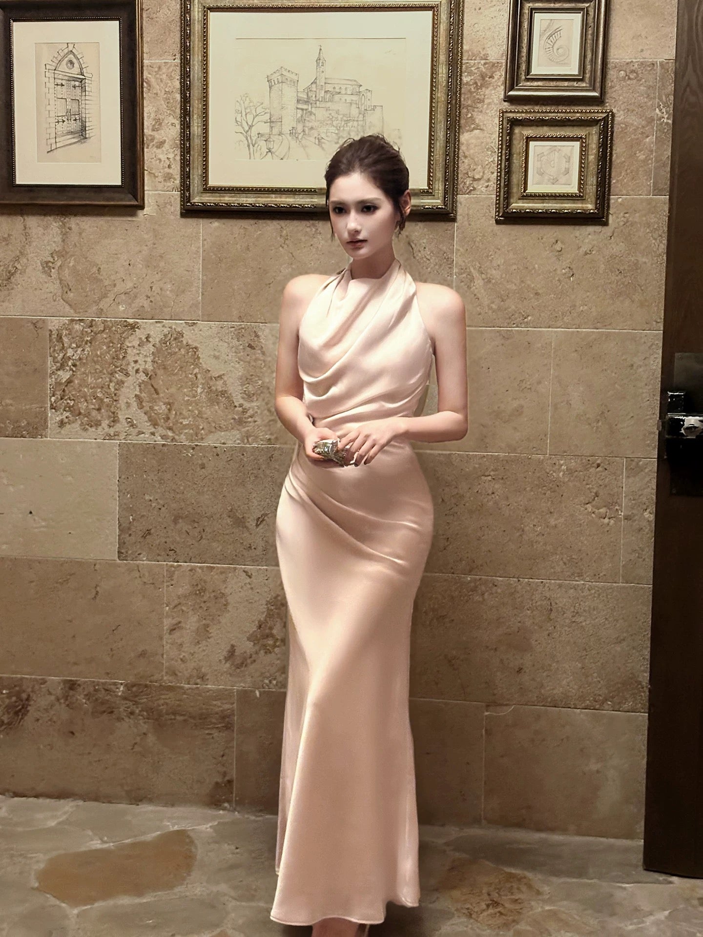 Timeless Mermaid High Neck Blush Pink With Ruffled Satin Outdoor Semi Formal Summer Garden Beach Event Outfits Wedding Guest Dresses RB5006