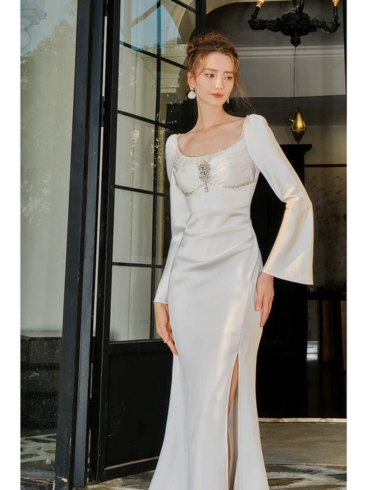 Artistic Mermaid Square Neck With Long Sleeves Satin White Slit Outdoor Semi Formal Summer Garden Beach Event Outfits Wedding Guest Dresses RB5007