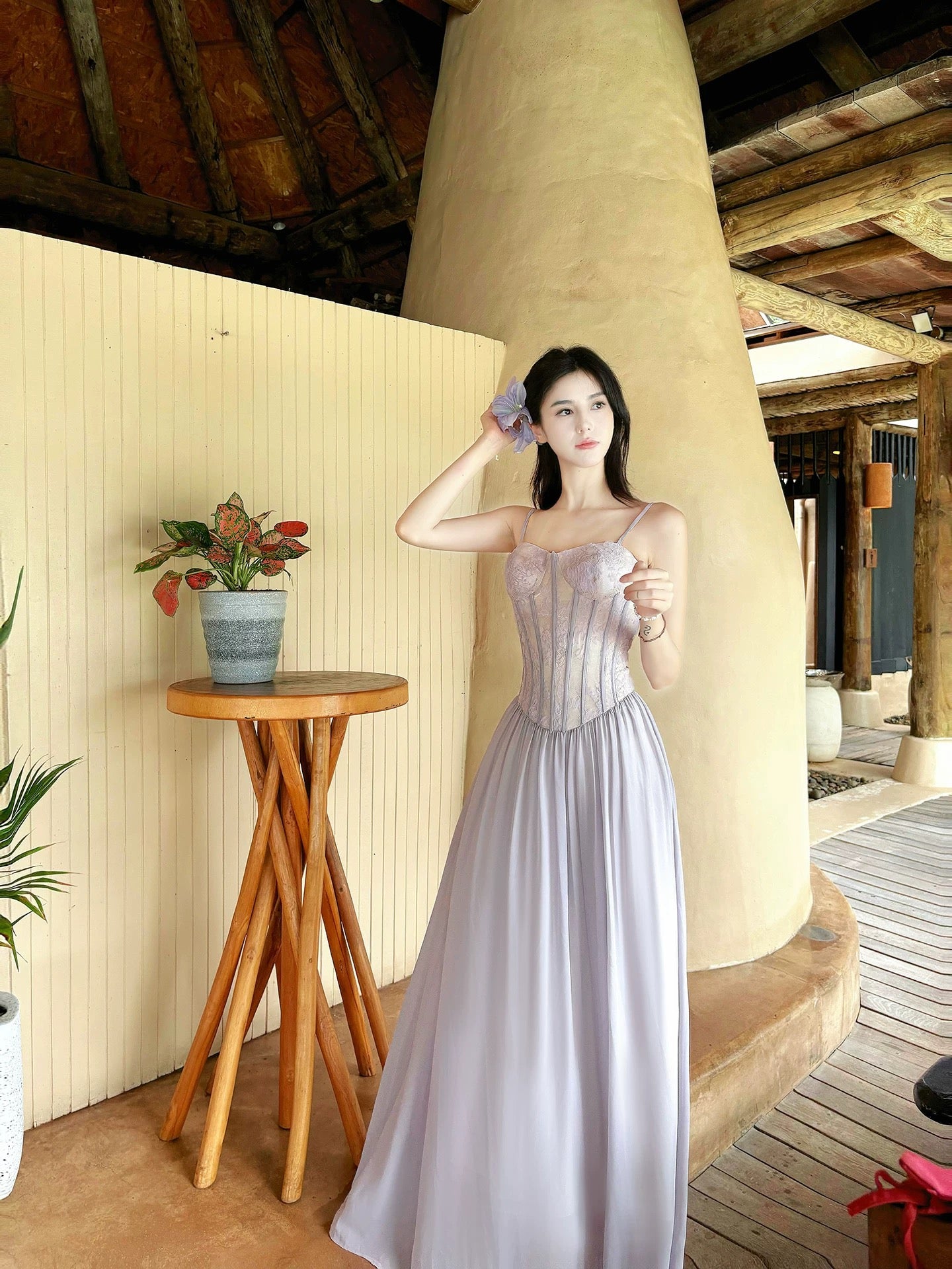 Elegant A line Spaghetti Strap Lilac Chiffon Sleeveless Date Night Outfit Outdoor Semi Formal Long Wedding Guest Dresses RB5032