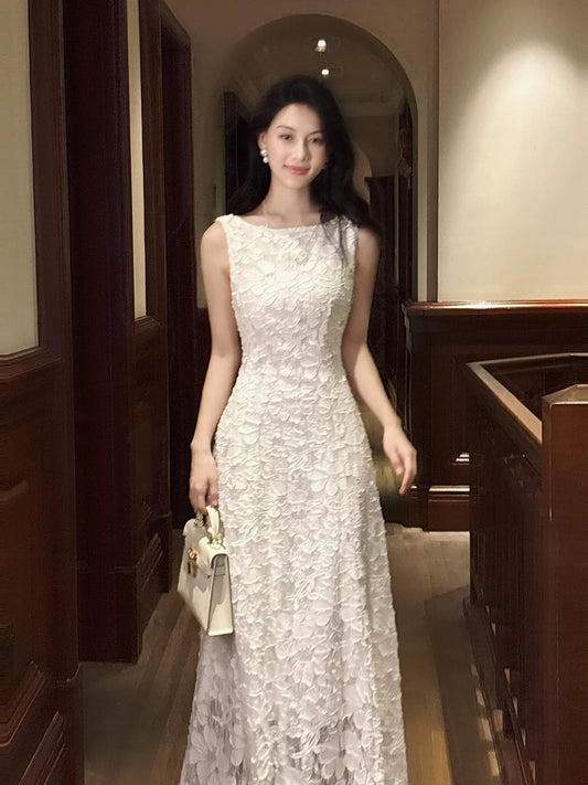 Sexy A Line Scoop Lace White Sleeveless Date Night Outfit Outdoor Semi Formal Long Wedding Guest Dresses RB5042