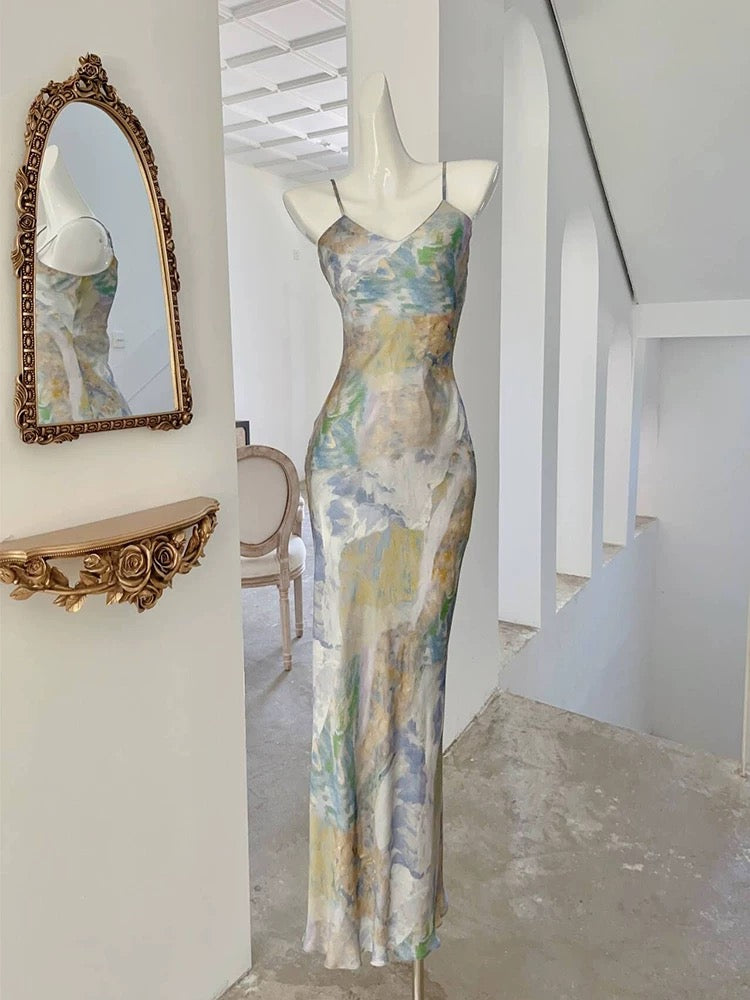 Chic Sheath Spaghetti Strap Floral Sleeveless Date Night Outfits Outdoor Semi Formal Long Wedding Guest Dresses RB5046