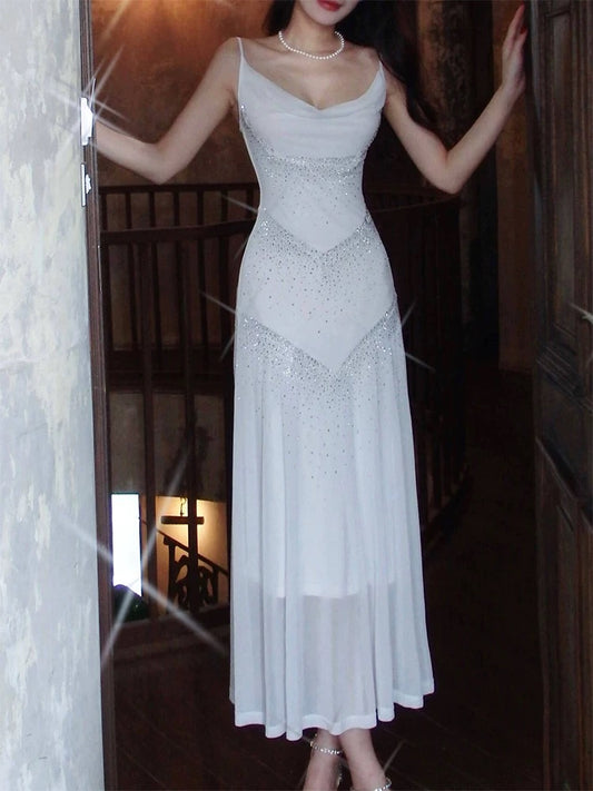 Sparkly Mermaid Spaghetti Strap White Chiffon With Sequined Sleeveless Date Night Outfits Outdoor Semi Formal Long Wedding Guest Dresses RB5052