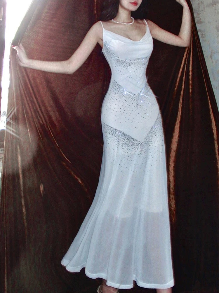 Sparkly Mermaid Spaghetti Strap White Chiffon With Sequined Sleeveless Date Night Outfits Outdoor Semi Formal Long Wedding Guest Dresses RB5052