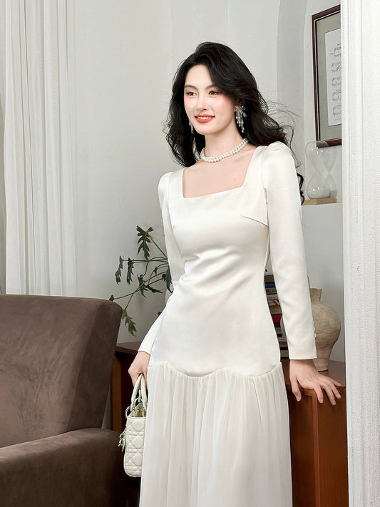 Artistic Mermaid Square Neck White Chiffon Long Sleeves Outdoor Semi Formal Summer Garden Date Night Outfit Wedding Guest Dresses RB5063