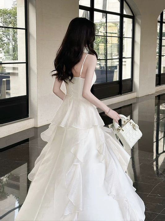 A line White Spaghetti Strap Chiffon With Ruffled Full-hem Maxi Semi Formal Garden Date Night Outfit Wedding Guest Dresses RB5070