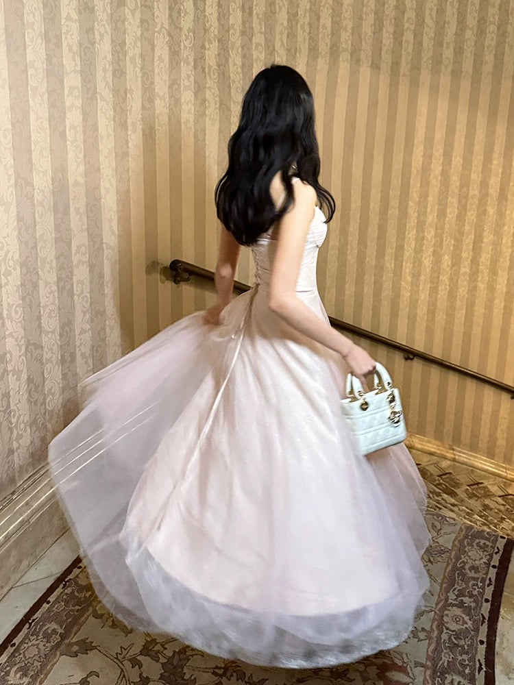Pretty A line Spaghetti Strap Pink Tulle With Corset Back Full-hem Maxi Semi Formal Garden Date Night Outfit Wedding Guest Dresses RB5072