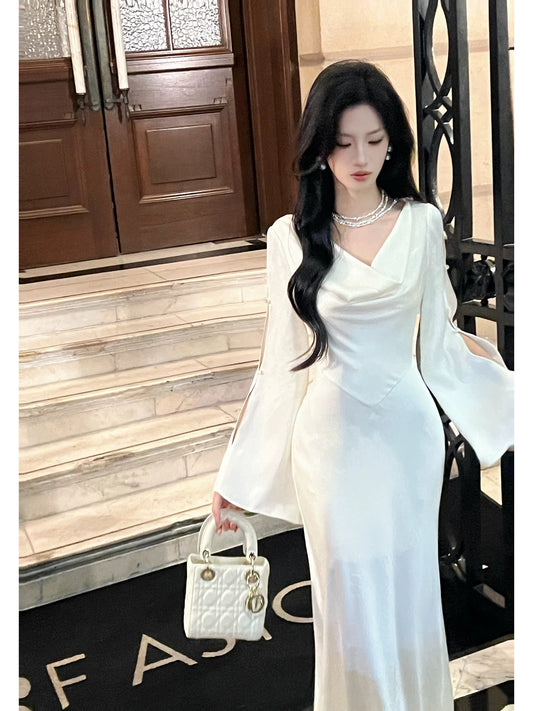 Artistic Mermaid Cowl Neck White Satin With Long Sleeve Outdoor Semi Formal Summer Garden Date Night Outfit Wedding Guest Dresses RB5077