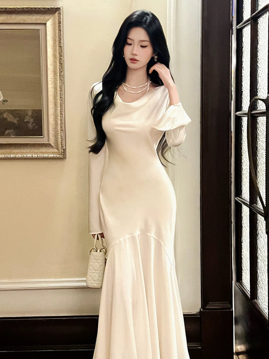 Artistic Mermaid Cowl Neck White Satin With Long Sleeve Outdoor Semi Formal Summer Garden Date Night Outfits Wedding Guest Dresses RB5082