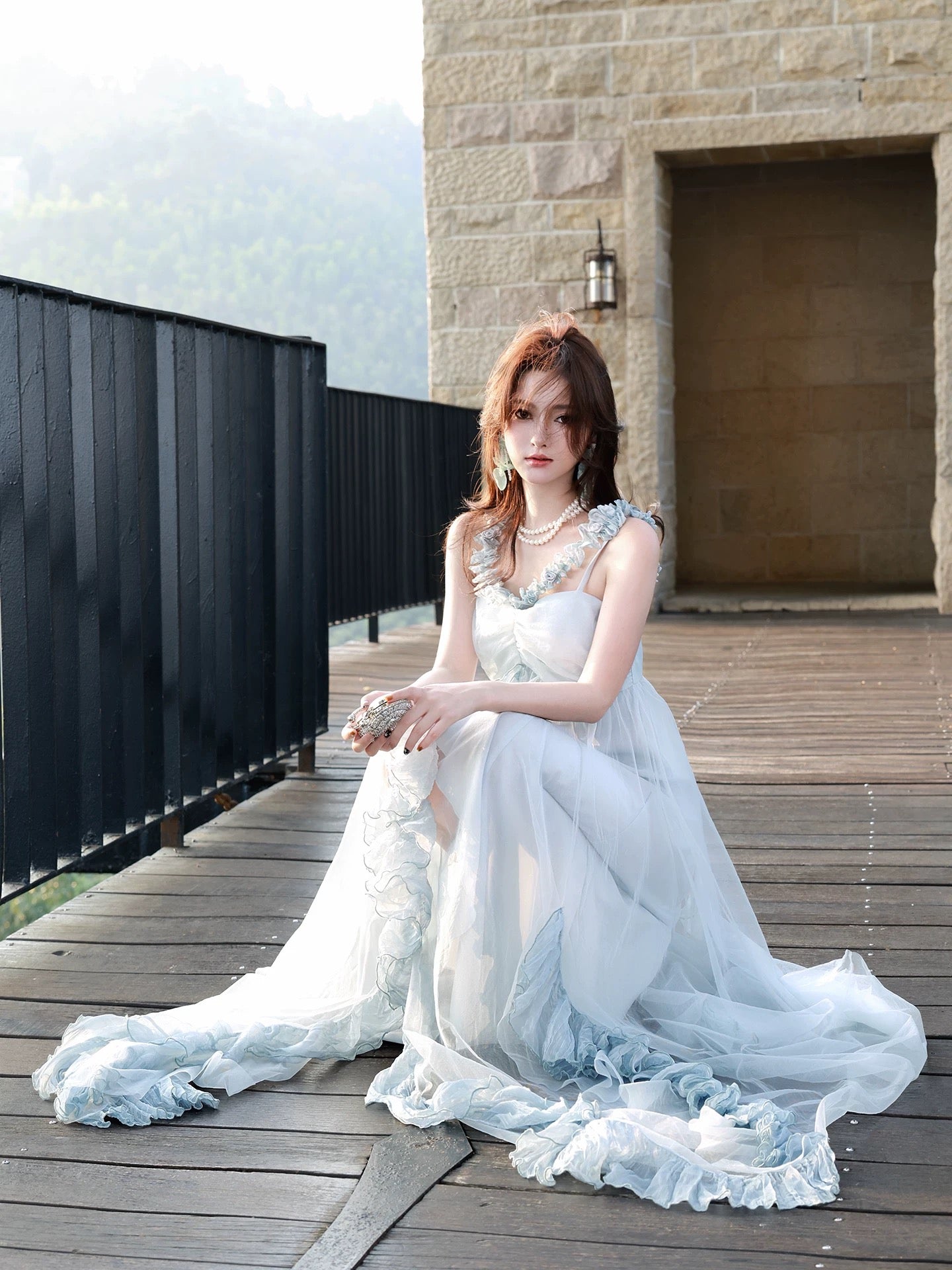 Pretty A Line Spaghetti Strap Light Sky Blue Tulle Ankle Length Maxi Semi Formal Garden Date Night Outfit Wedding Guest Dresses RB5087