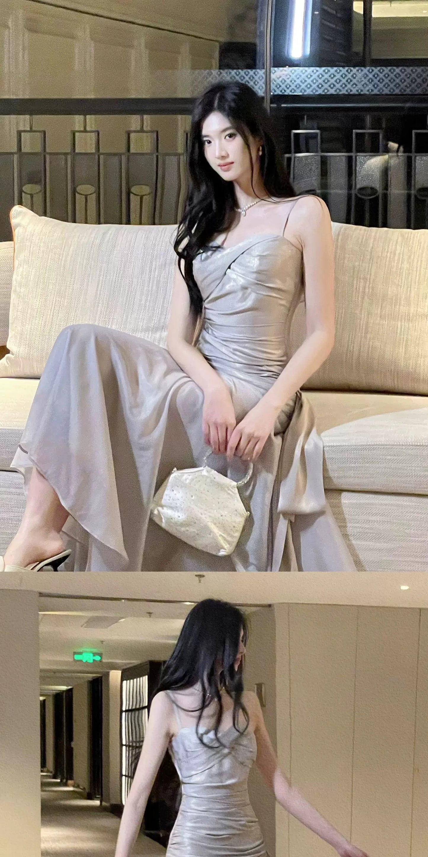 Unique Women's Mermaid Spaghetti Strap Grey With Ruffled Maxi Dress Date Night Outfits Outdoor Semi Formal Wedding Guest Dress RB5094