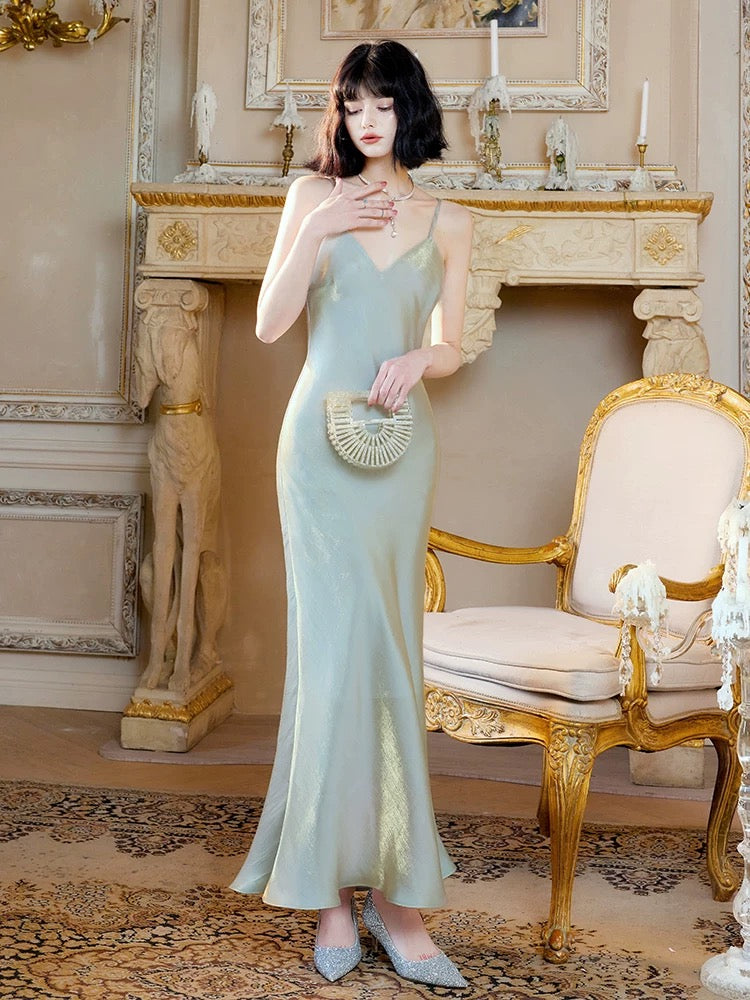 Unique Women's Mermaid Spaghetti Strap Green Maxi Dress Date Night Outfits Outdoor Semi Formal Wedding Guest Dress RB5095