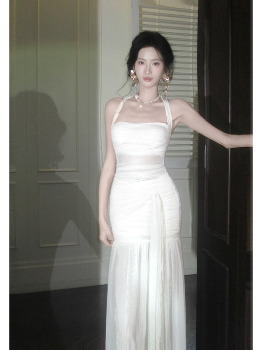 Unique Women's Mermaid Halter Chiffon White Ruffled Maxi Dress Date Night Outfits Outdoor Semi Formal Wedding Guest Dress RB5097