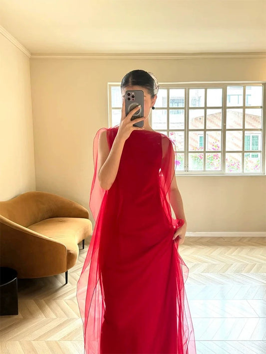 Elegant Mermaid Scoop Red Tulle Date Night Outfits Semi Formal Prom Gown Evening Dresses RB5545