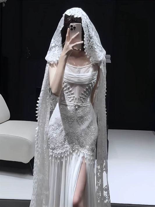 Vintage Mermaid Strapless Chiffon White With Split Brides Gown Bridal Dress Long Wedding Dresses RB5549