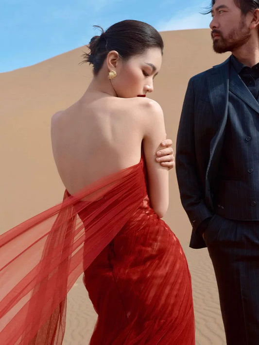 Chic Mermaid Strapless Red Tulle Wedding Bridal Dress Long Wedding Dresses RB5146