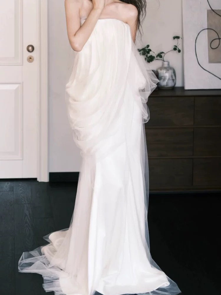Simple Mermaid Strapless With Scarf White Tulle Wedding Bridal Dress Long Wedding Dresses RB5148