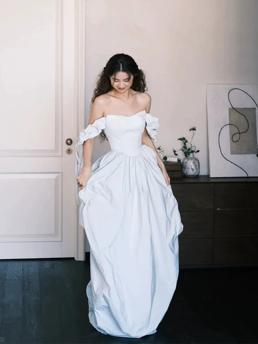 Stylish Ball Gown Off The Shoulder Light Blue Satin Long Floor Length Evening Dresses Inspo Evening Outfits RB5152