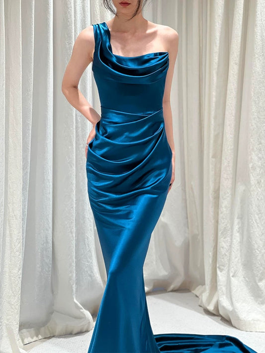 Unique Women's Mermaid One Shoulder Blue Satin Maxi Dress Date Night Outfits Outdoor Semi Formal Wedding Guest Dresses RB5156