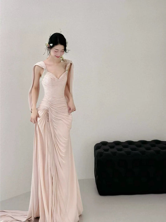 Stylish Mermaid Sweetheart Pink With Folded Satin Long Floor Length Evening Dresses Inspo Evening Outfits RB5161