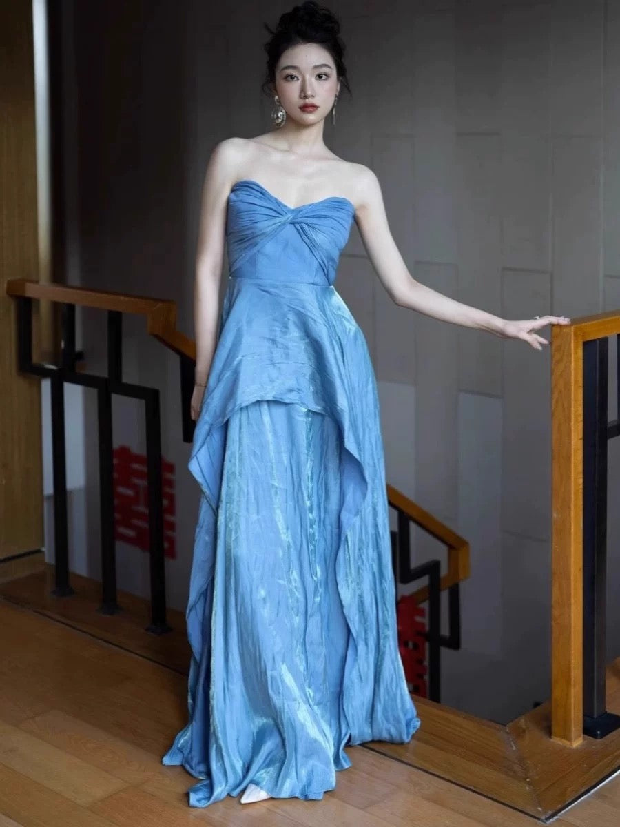 Schlichtes Ballkleid A-Linie Herz-Ausschnitt Blau mit plissiertem, langem Abendkleid N3163