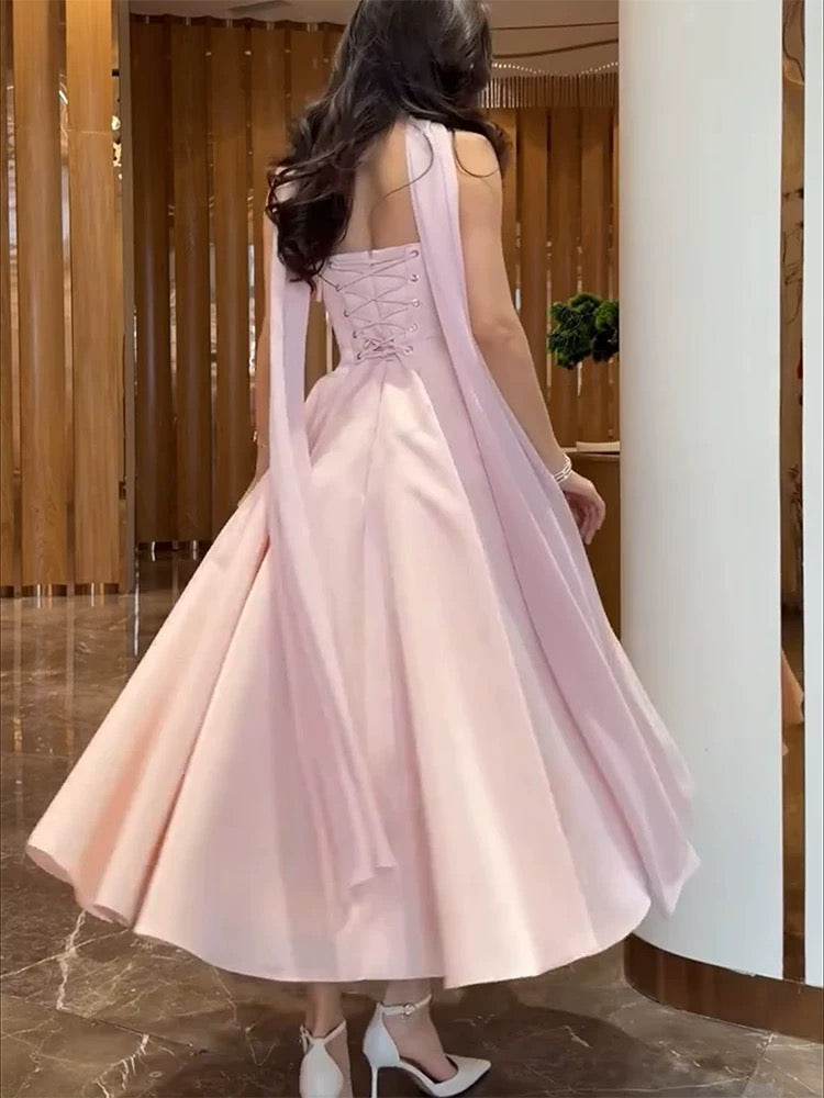 Robe de Soirée Modeste Longueur Cheville Ligne A Sans Bretelles en Satin Rose pour Invité de Mariage Formel Printemps Été Plage N3492