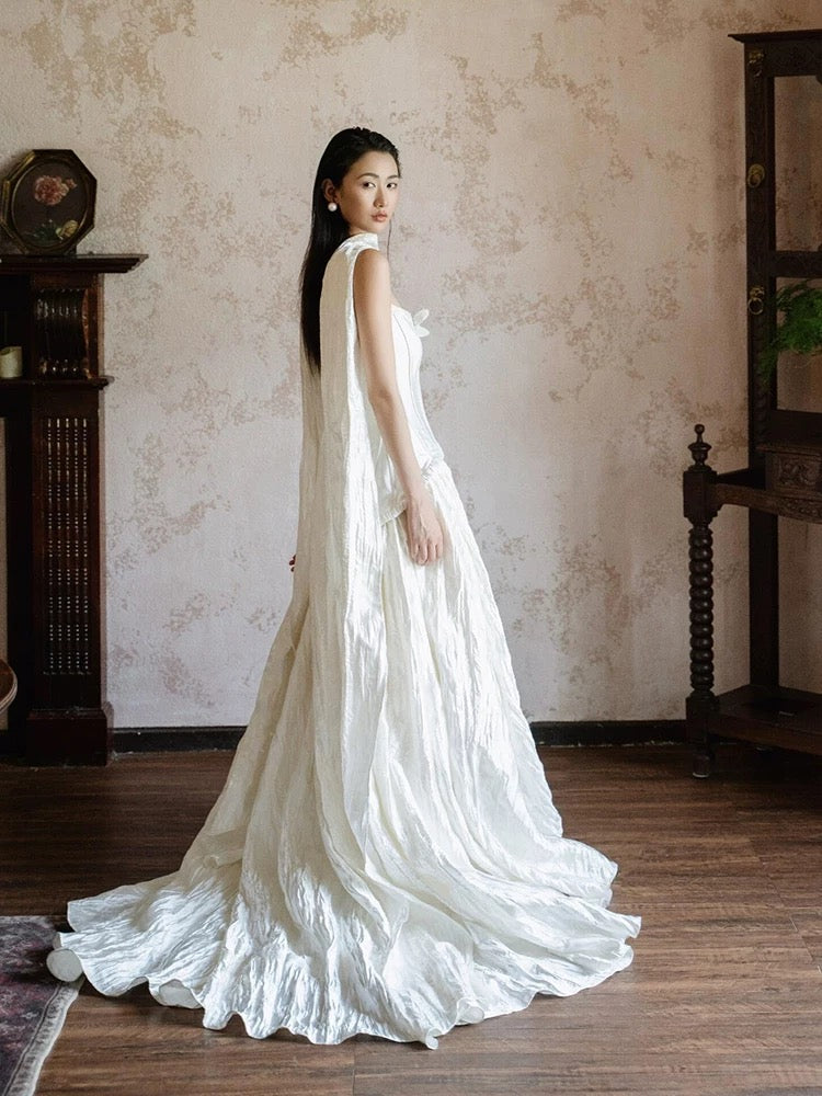 Einfache Hochzeitskleider Ballkleid Trägerlos Weiß Satin Mit Schal Lange Brautkleid N3500