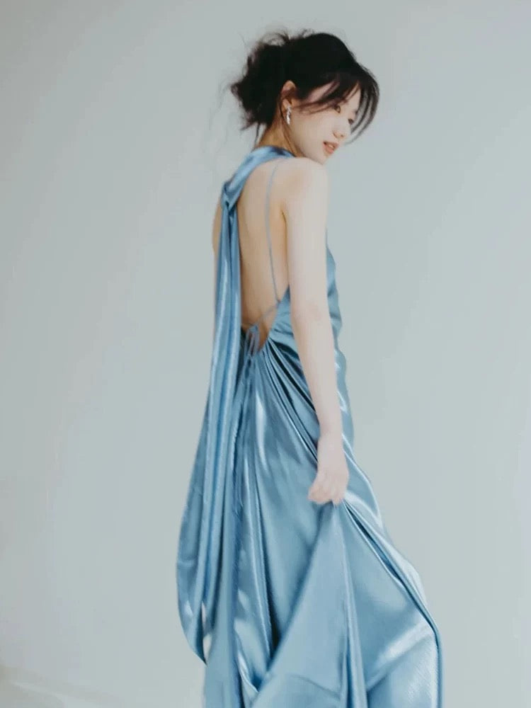 Schlichtes Meerjungfrau Halter Neck Satin Abendkleid mit Band für sommerliche Strandhochzeiten N3505