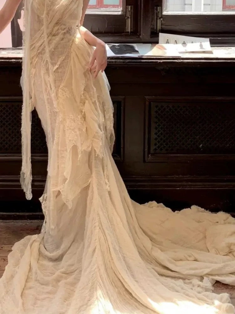 Romantische Brautkleider Meerjungfrau Spaghetti-Träger Spitze und Chiffon Weiß Sommer Strand Langes Hochzeitskleid N3910