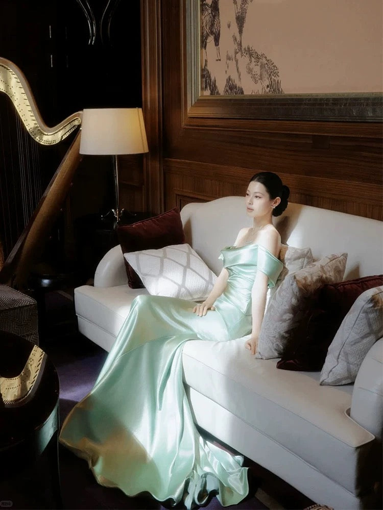 Charmantes Robes de Bal Sirène Épaules Dénudées Vert Menthe Satin Longue Robe de Soirée Formelle N3915