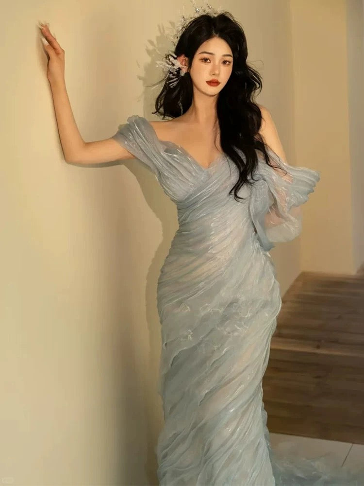 Charmante Abschlussballkleider Meerjungfrau schulterfrei Hellblau Organza Langes formelles Abendkleid N3917