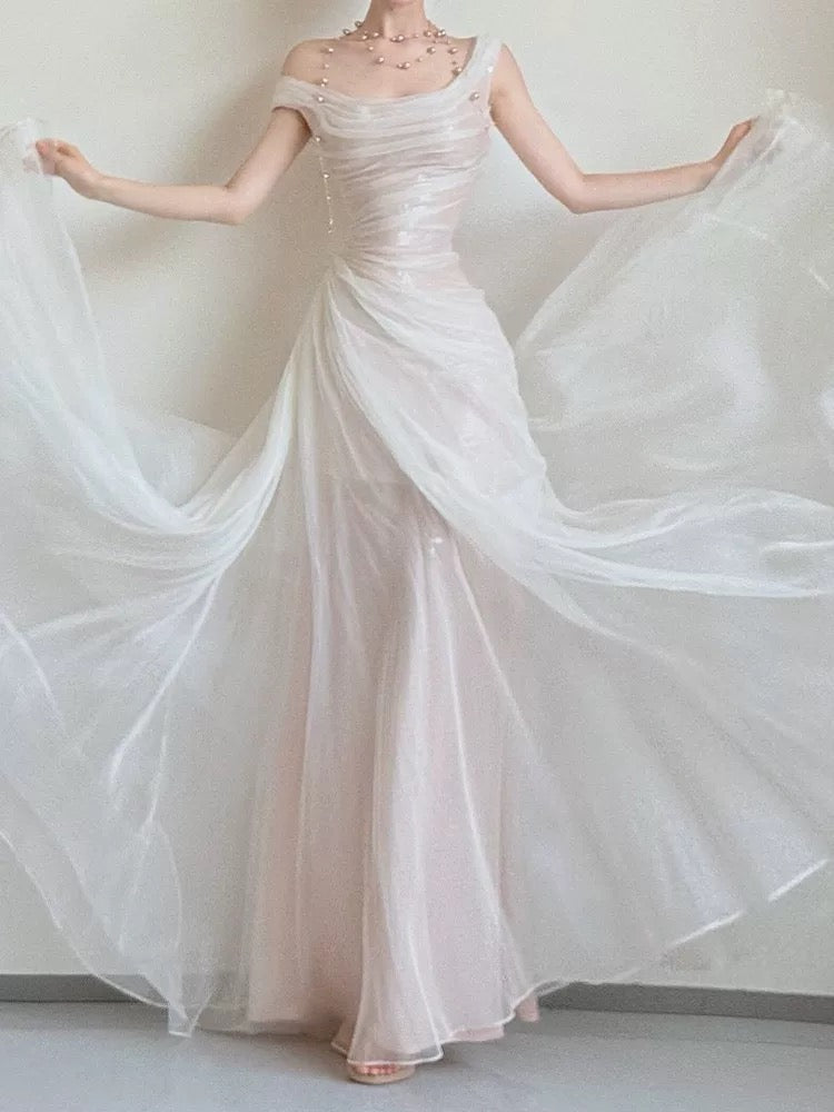 Robes de Mariée Chic Sirène Épaules Dénudées Blanches Plissées Robe de Réception de Mariage au Jardin d'Été N3943