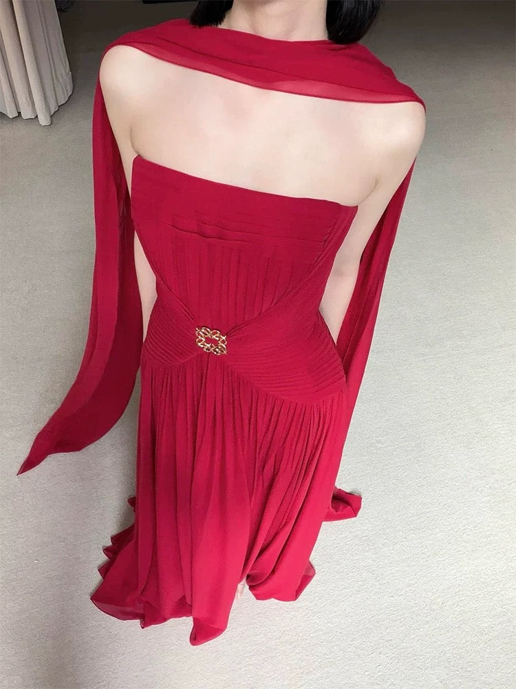 Schlichtes, trägerloses A-Linien-Kleid aus rotem Chiffon mit Schal für den Abschlussball, Frühling, Sommer, Strand, formelle Anlässe, Hochzeitsgäste N3950
