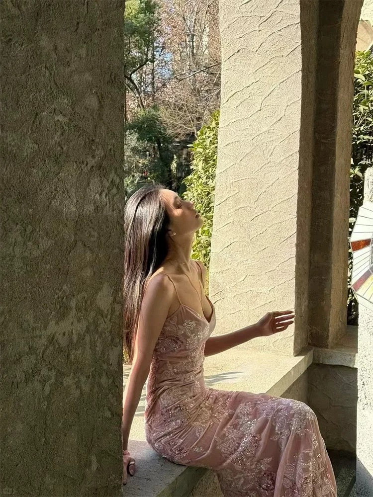 Belles Robes de Bal Sirène Bretelles Fines Dentelle Rose Robe de Soirée Longue Formelle N3953