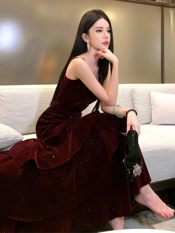 Robe de Soirée Simple Sirène à Bretelles Fines pour 21e Anniversaire, Tenue Élégante, Robe de Bal en Velours Bordeaux pour Invitée de Mariage N4004