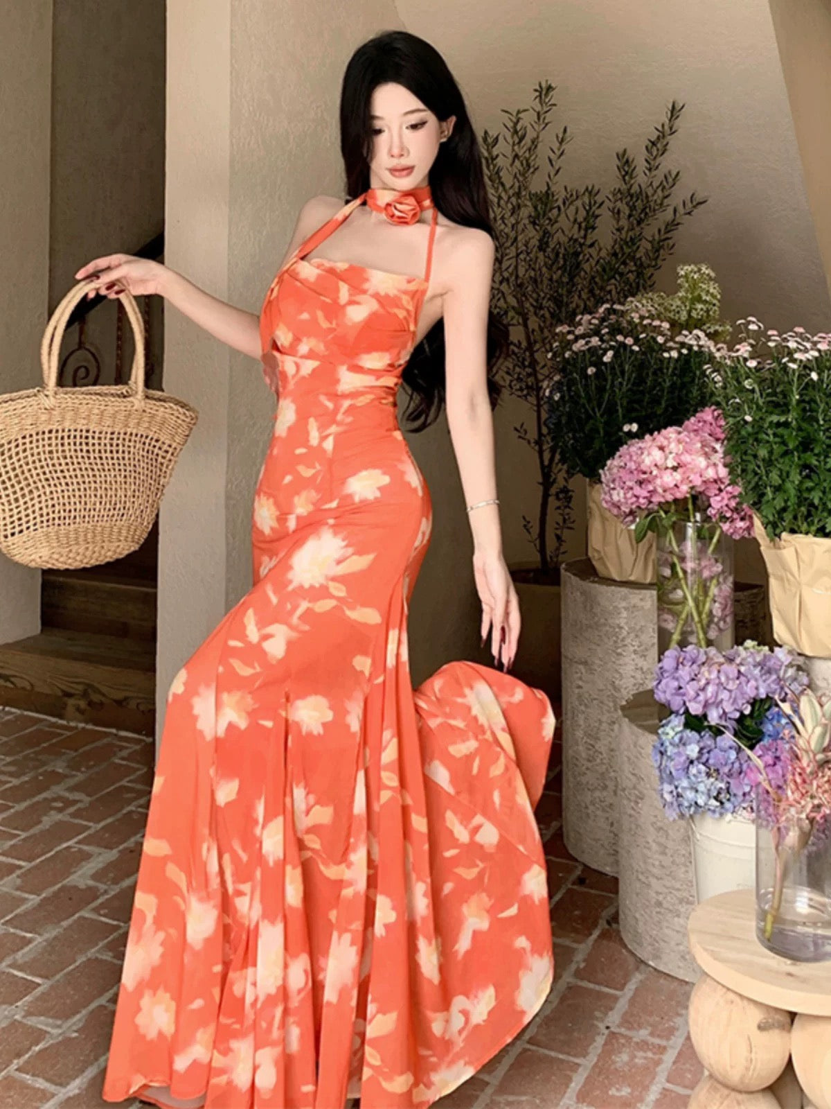 Robes de bal simples Sirène Licou Orange Mousseline Robe de soirée Robe de cérémonie N4009