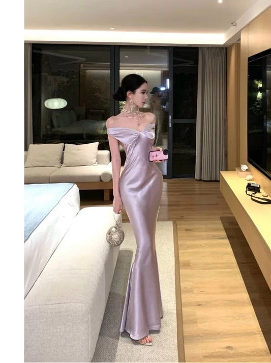 Einfache Abiballkleider Meerjungfrau Off-Shoulder Flieder Satin Abendkleid Festliches Kleid N4018